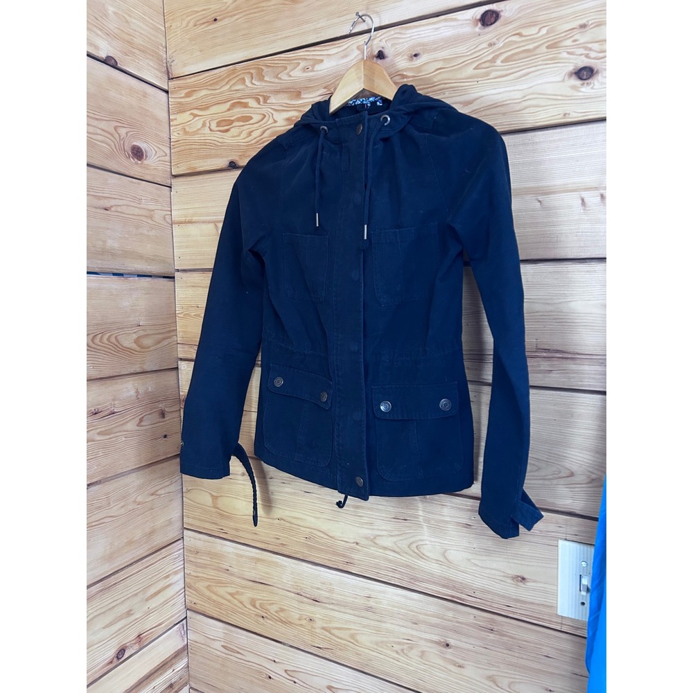 Prince & Fox Womens Black Utility Field Jacket Hooded Floral Trim XS